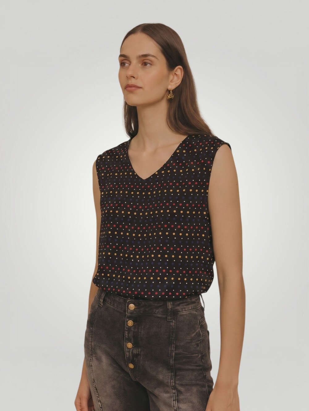 Tommy Hilfiger Sleeveless Blouse Medium Navy Multi Polka Dot Back Button Workwea